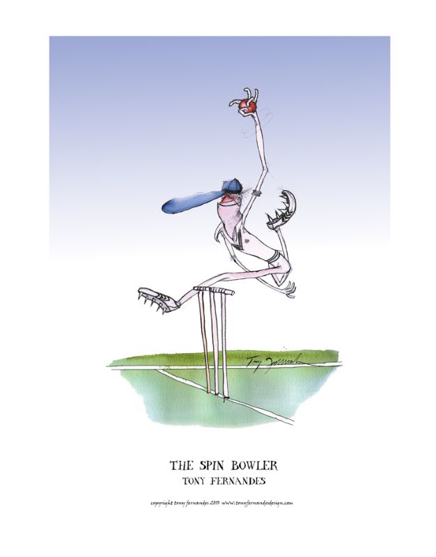The Spin Bowler by Tony Fernandes - England Test Cricket Cartoon signed print